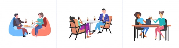 conjunto businespeople colegas discutindo durante coffee break misturar pessoas de negócios sentado no local de trabalho comunicação conceitos coleção comprimento total horizontal
