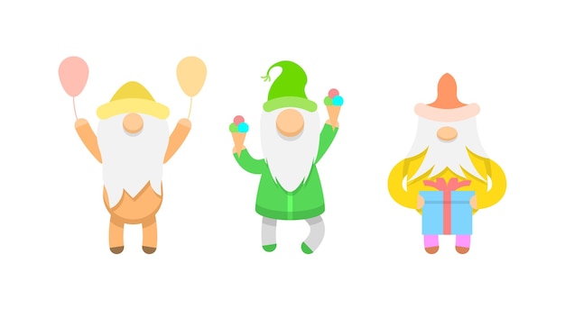 Vetor conjunto coleção abstrata bonito desenho animado plano gnomos de personagens diferentes com balões presente de sorvete