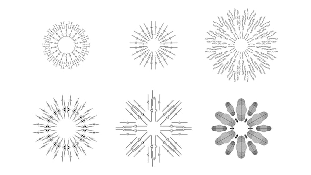 Conjunto coleção abstrata starburst sunburst pôr do sol linha preta doodle elementos de design estourando raios