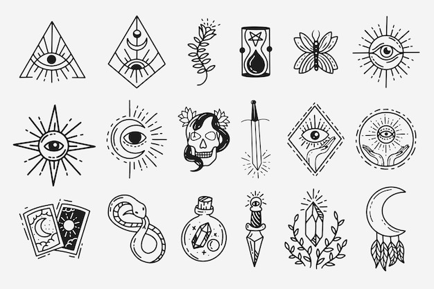 Conjunto Coleção Místico Celestial Escuro Santo Simples Minimalismo Tatuagem Clipart Símbolo espaço Doodle Elementos esotéricos ilustração vintage