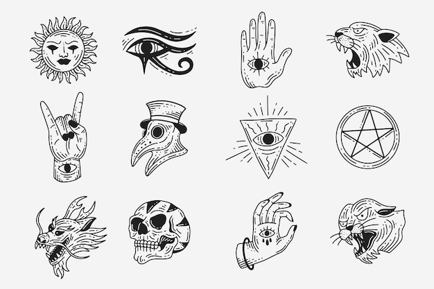 Conjunto Coleção Místico Celestial Escuro Santo Simples Minimalismo Tatuagem Clipart Símbolo espaço Doodle Elementos esotéricos ilustração vintage