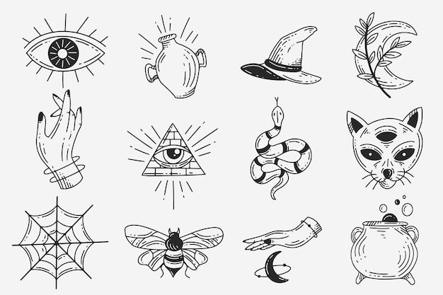 Conjunto Coleção Místico Celestial Escuro Santo Simples Minimalismo Tatuagem Clipart Símbolo espaço Doodle Elementos esotéricos ilustração vintage