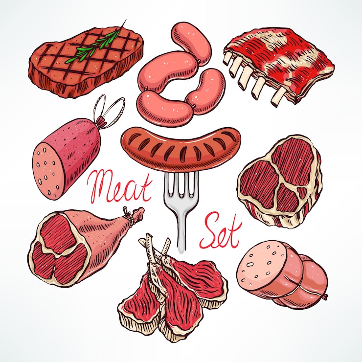 Vetor conjunto colorido de apetitosos produtos de carne. ilustração desenhada à mão