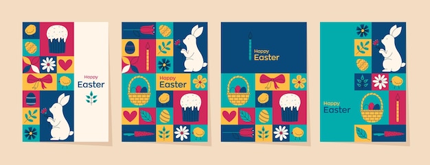 Conjunto colorido geométrico de cartões de saudação para feliz páscoa ilustrações vetoriais de férias minimalistas de moda decoração do site
