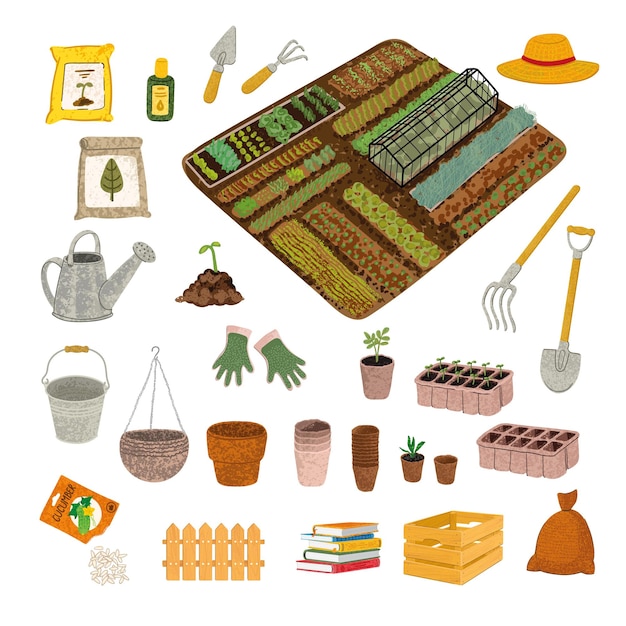 Vetor conjunto colorido vetorial com ilustrações de equipamentos de jardim coisas ferramentas de jardim sementes
