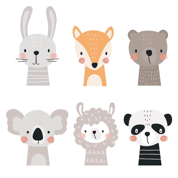 Conjunto com animais fofos lhama raposa urso coala panda e lebre em um fundo branco.