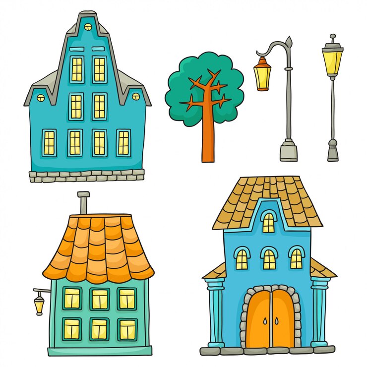 Vetor conjunto com casas diferentes. casas de desenhos vetoriais e elementos arquitetônicos