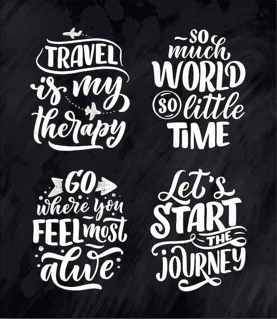 Conjunto com citações de inspiração de estilo de vida viagens, mão desenhada letras cartazes