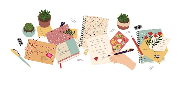 Conjunto com composições decorativas com artigos de papelaria mantendo um diário escrevendo cartas prazeres diários Plantas de casa fofa Objetos na mesa Vista superior Estilo plano em ilustração vetorial