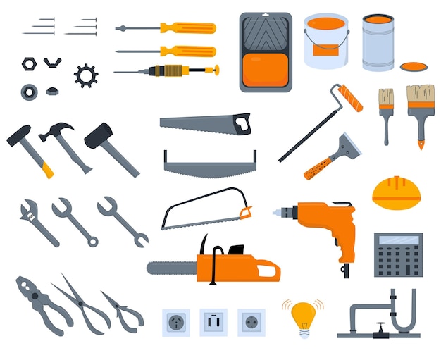 Conjunto com diferentes ferramentas de trabalho vector ilustração plana renovação em casa de reparo em casa de eletricidade