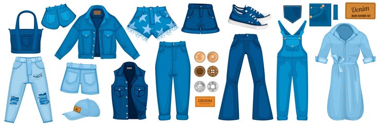 Vetor conjunto com ícones isolados de peças de jeans jeans com saco de corte e ilustração vetorial de botões