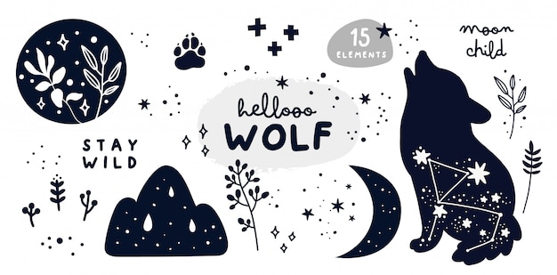 Conjunto com lobo, estrelas, lua, ervas e letras. Fique coleção de criança de lua selvagem