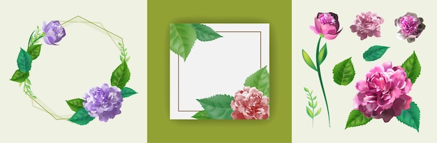 Conjunto com modelo para convite, cartão de felicitações, decorado com flores cor de rosa de rosas, lindas folhas verdes e uma moldura de círculo. ilustração 3d realista.