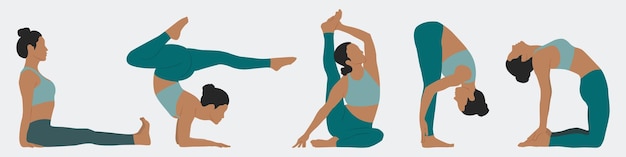Vetor conjunto com mulheres fazendo ioga posições de ioga mulheres praticam ioga