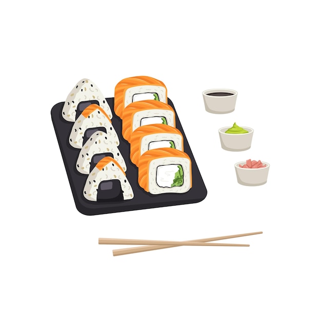 Conjunto com rolos de prato de sushi japonês e onigiri deliciosa comida tradicional oriental na bandeja preta com pauzinhos gengibre wasabi e molho de soja ilustração vetorial de comida plana