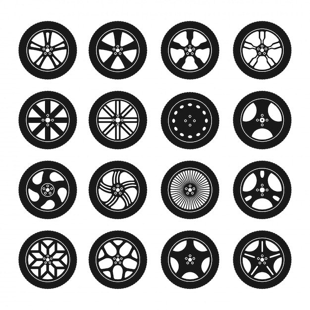 Vetor conjunto com silhueta carro pneu e roda ícones isolados