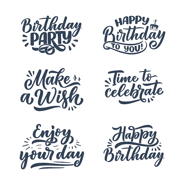 Conjunto com slogans de letras para feliz aniversário.