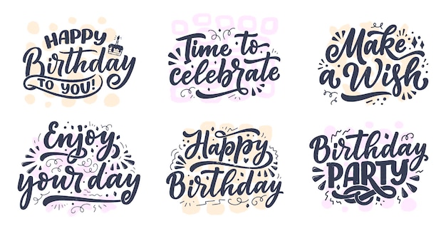 Conjunto com slogans de letras para feliz aniversário.