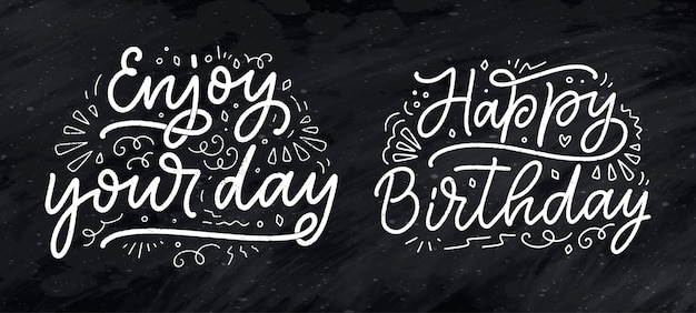 Conjunto com slogans de letras para frases de feliz aniversário mão desenhada para cartazes de cartões-presente e impressão de ...
