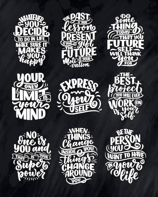 Conjunto com slogans de letras sobre ser você mesmo. citações engraçadas para blog, pôster e design de impressão. textos de caligrafia moderna sobre autocuidado. ilustração vetorial