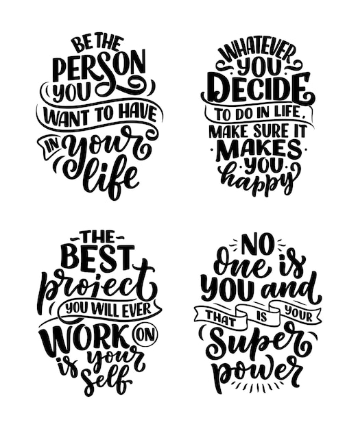 Conjunto com slogans de letras sobre ser você mesmo. citações engraçadas para blog, pôster e design de impressão. textos de caligrafia moderna sobre autocuidado.