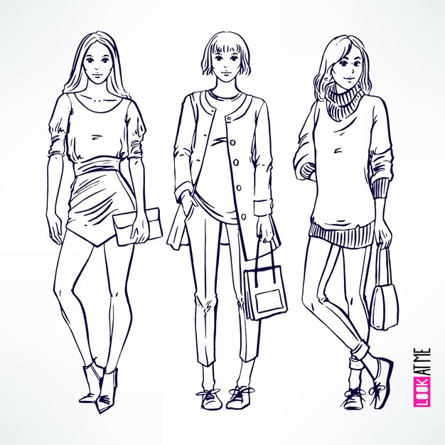 Conjunto com três menina bonita do esboço moderno da moda. ilustração desenhada à mão