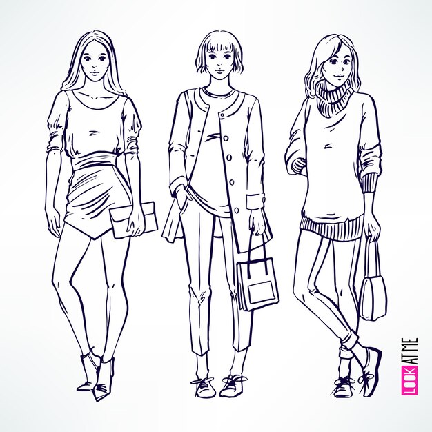 Vetor conjunto com três menina bonita do esboço moderno da moda. ilustração desenhada à mão