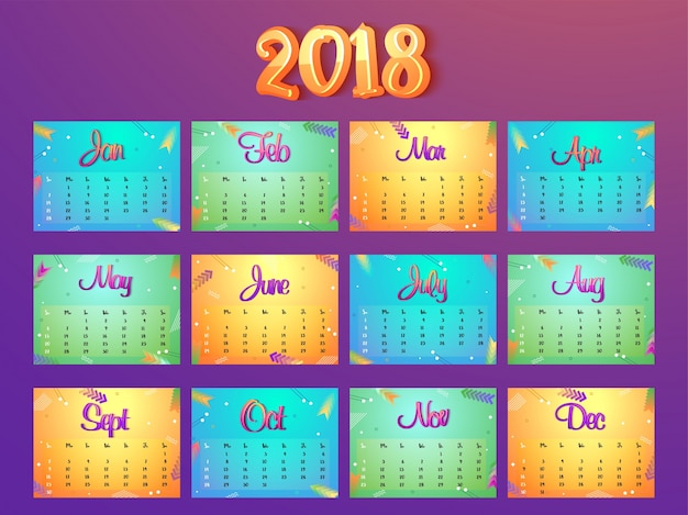 Vetor conjunto completo de 12 meses, calendário 2018.