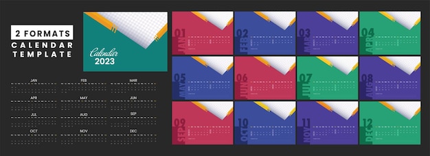 Vetor conjunto completo de 2 formatos de modelo de calendário anual colorido de 2023 em fundo preto