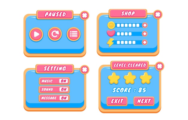 Conjunto completo de pop-up, ícone, janela e elementos de jogo de botão de nível para criar videogames de RPG medievais