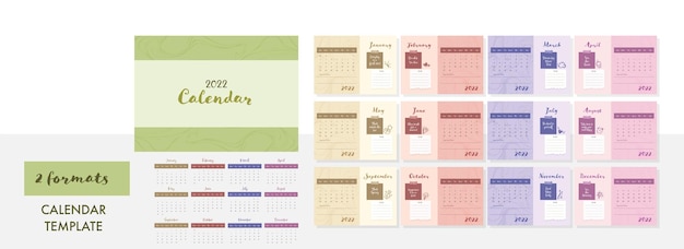 Conjunto completo multicolor de 12 meses, modelo de calendário anual de 2022 em dois formatos.