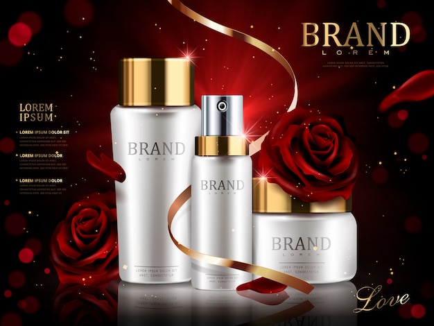 Vetor conjunto cosmético romântico, lindas rosas vermelhas e fita dourada isolada ilustração 3d