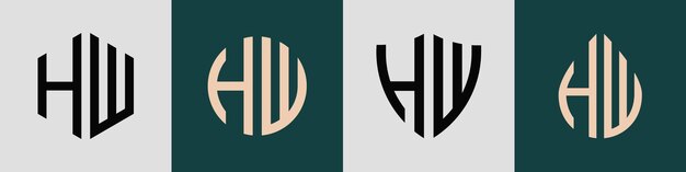 Conjunto criativo de designs de logotipo hw com letras iniciais simples