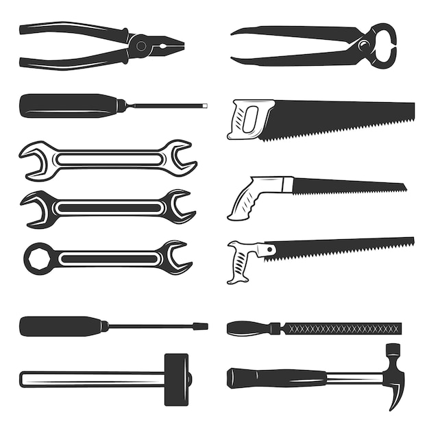 Vetor conjunto das ferramentas de trabalho sobre fundo branco. elementos para, etiqueta, emblema, sinal, marca. ilustração.