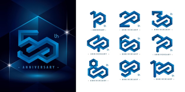 Conjunto de 10 a 100 anos de design de logotipo hexagon infinity logo abstract blue emboss hexagon logo