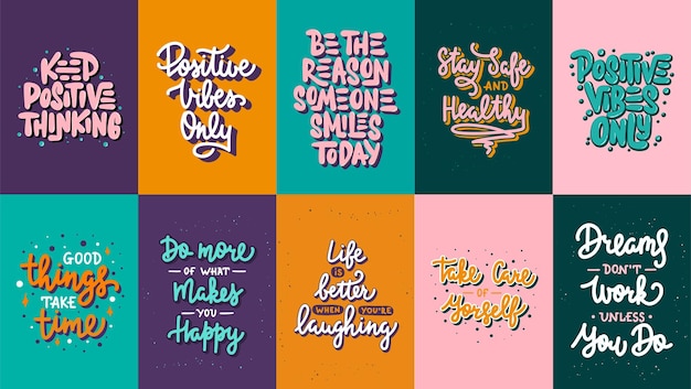 Vetor conjunto de 10 cartazes motivacionais com elementos de design de letras desenhadas à mão