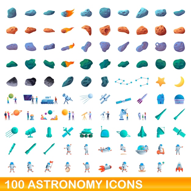 Conjunto de 100 ícones da astronomia. ilustração dos desenhos animados de 100 ícones da astronomia isolados