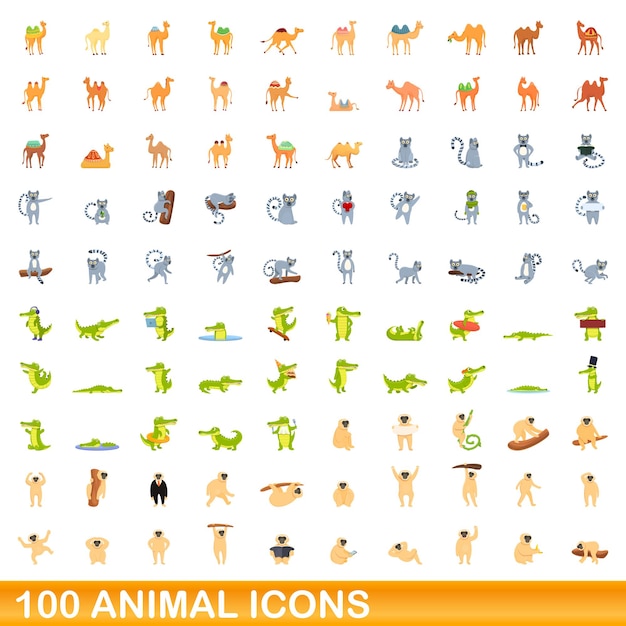 Conjunto de 100 ícones de animais, estilo cartoon