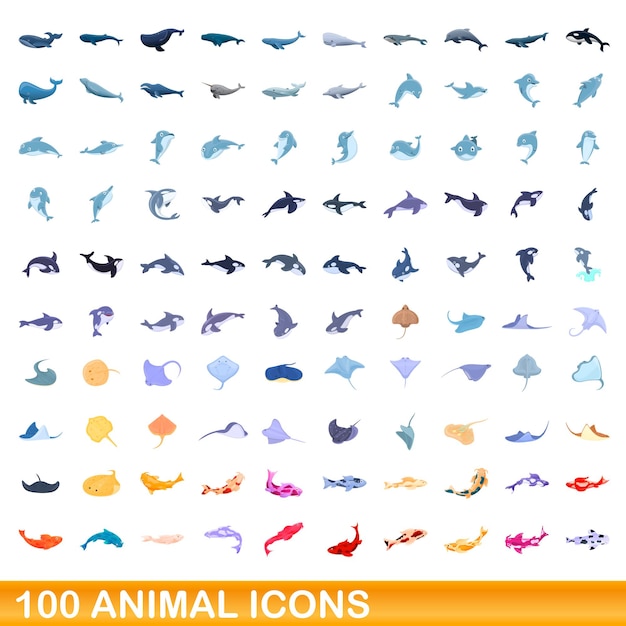 Conjunto de 100 ícones de animais. ilustração dos desenhos animados de 100 ícones de animais conjunto de vetores isolado no fundo branco