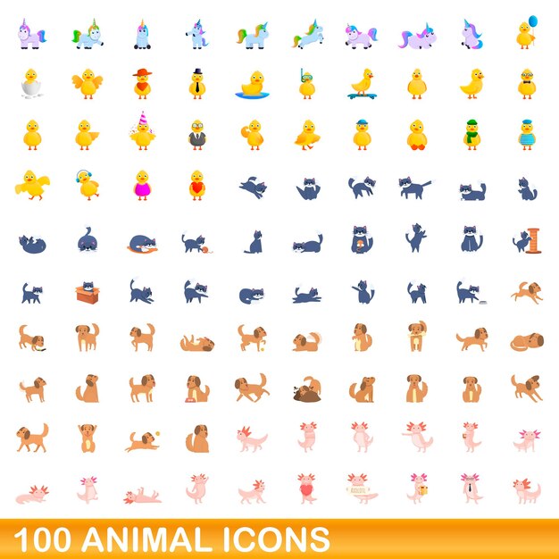 Conjunto de 100 ícones de animais. ilustração dos desenhos animados de 100 ícones de animais conjunto de vetores isolado no fundo branco