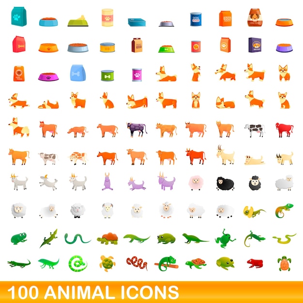 Conjunto de 100 ícones de animais. ilustração dos desenhos animados do conjunto de vetores de 100 ícones de animais isolado no fundo branco