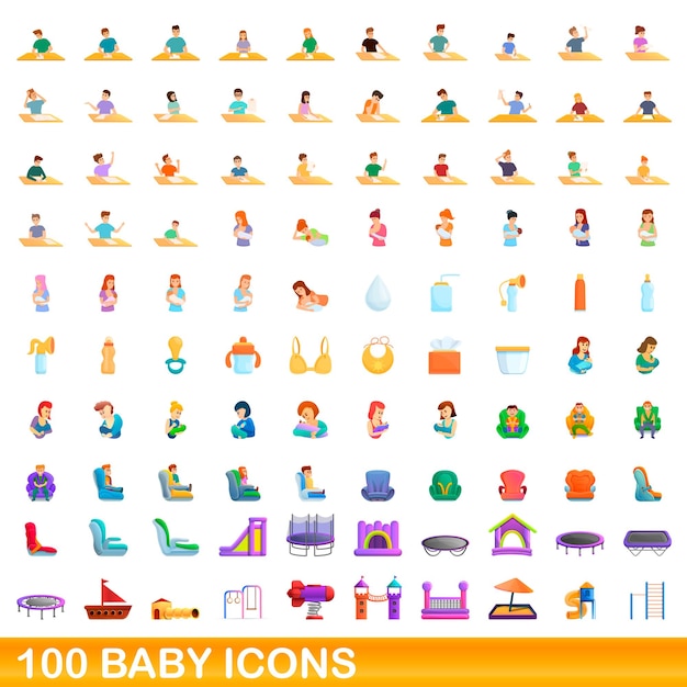 Conjunto de 100 ícones de bebê. ilustração dos desenhos animados do conjunto de vetores de 100 ícones de bebês isolado no fundo branco