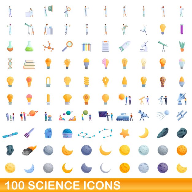 Conjunto de 100 ícones de ciência, estilo cartoon