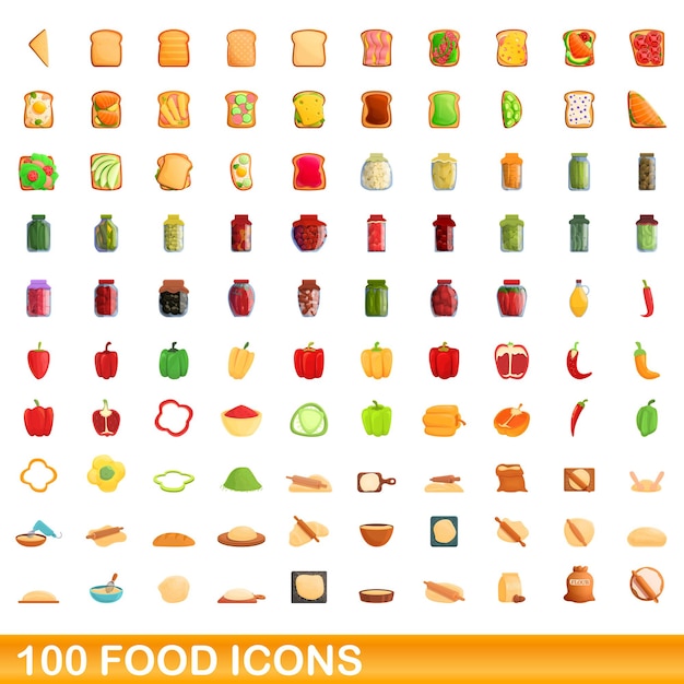Conjunto de 100 ícones de comida, estilo cartoon