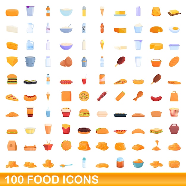 Conjunto de 100 ícones de comida, estilo cartoon