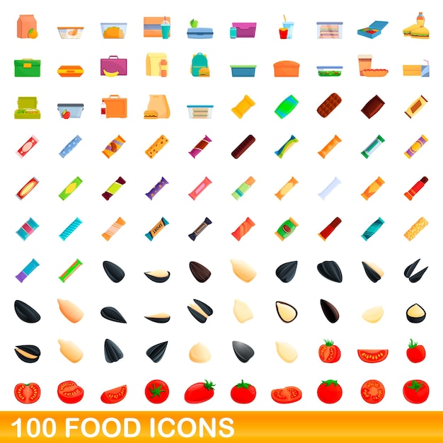 Conjunto de 100 ícones de comida. ilustração dos desenhos animados de um conjunto de vetores de 100 ícones de comida isolado no fundo branco