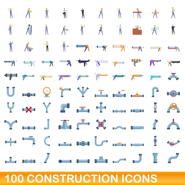 Conjunto de 100 ícones de construção, estilo cartoon