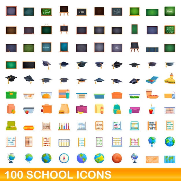 Conjunto de 100 ícones de escola. ilustração dos desenhos animados de 100 ícones escolares isolados