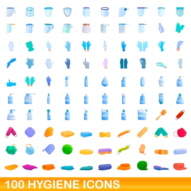 Conjunto de 100 ícones de higiene. ilustração dos desenhos animados de 100 ícones de higiene conjunto de vetores isolados no fundo branco