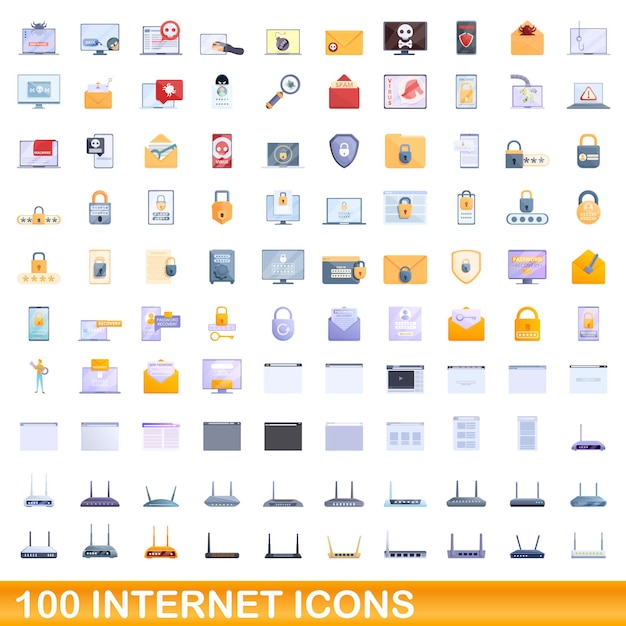 Conjunto de 100 ícones de internet. ilustração dos desenhos animados de 100 ícones da internet conjunto de vetores isolado no fundo branco